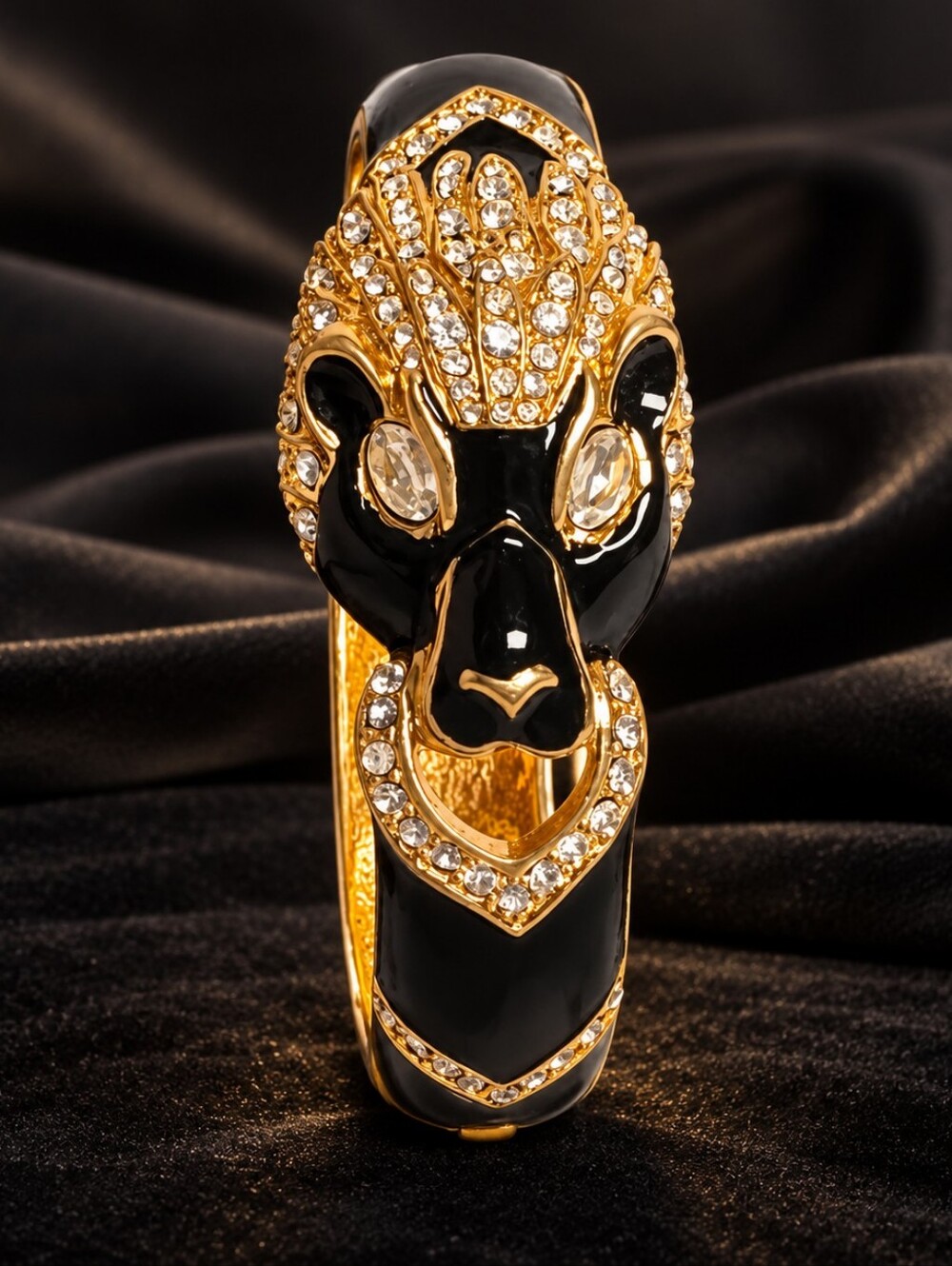Vintage GIORGIO Black Enamel Rhinestone Panther Hinged Bracelet